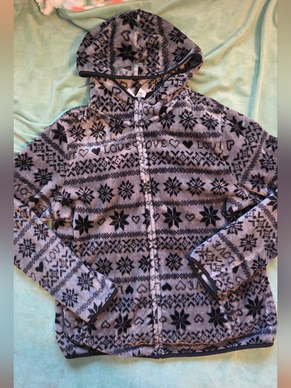 No Boundaries Women's Gray Black Fleece Zip Up Hoodie Fuzzy Sherpa Winter Fair I